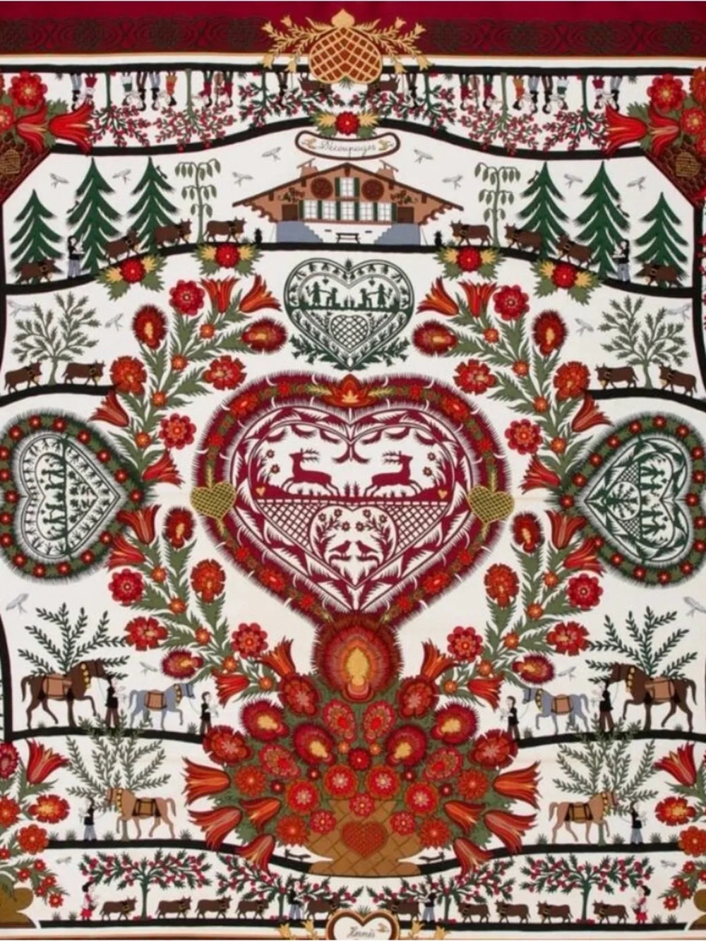 Hermes Red, Green, Cream Floral Heart Motif Silk Scarf